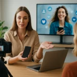 Női influencer beszél közösségi média stratégiákról videóhíváson.