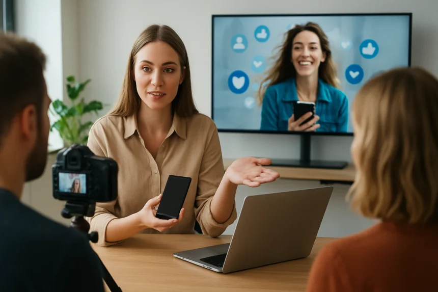 Női influencer beszél közösségi média stratégiákról videóhíváson.