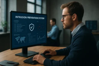 Kiberbiztonsági szakember az IPS rendszert figyeli munka közben.