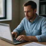 Férfi laptopon e-mail küldését ellenőrzi egy modern irodában.