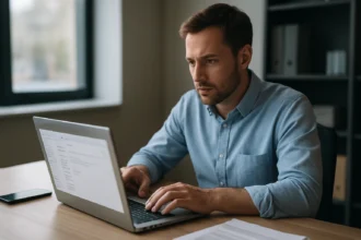 Férfi laptopon e-mail küldését ellenőrzi egy modern irodában.