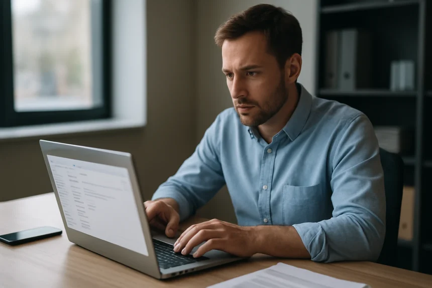 Férfi laptopon e-mail küldését ellenőrzi egy modern irodában.