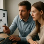 Két szakember együttműködik egy számítógépes hálózati diagram elemzésén.