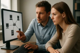 Két szakember együttműködik egy számítógépes hálózati diagram elemzésén.