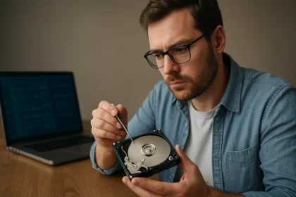 A szakértő logikai blokkcímzést magyaráz egy merevlemezen.