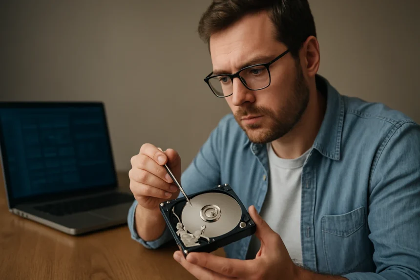 A szakértő logikai blokkcímzést magyaráz egy merevlemezen.