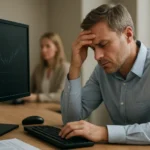 Férfi a számítógép előtt, akit a hibaelhárítás stresszel.