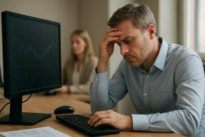 Férfi a számítógép előtt, akit a hibaelhárítás stresszel.