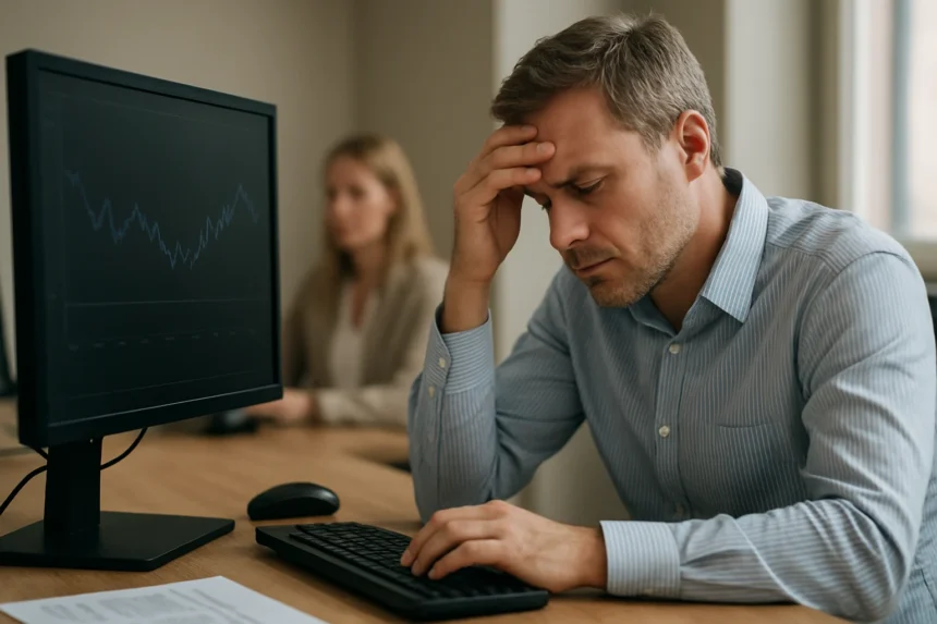 Férfi a számítógép előtt, akit a hibaelhárítás stresszel.