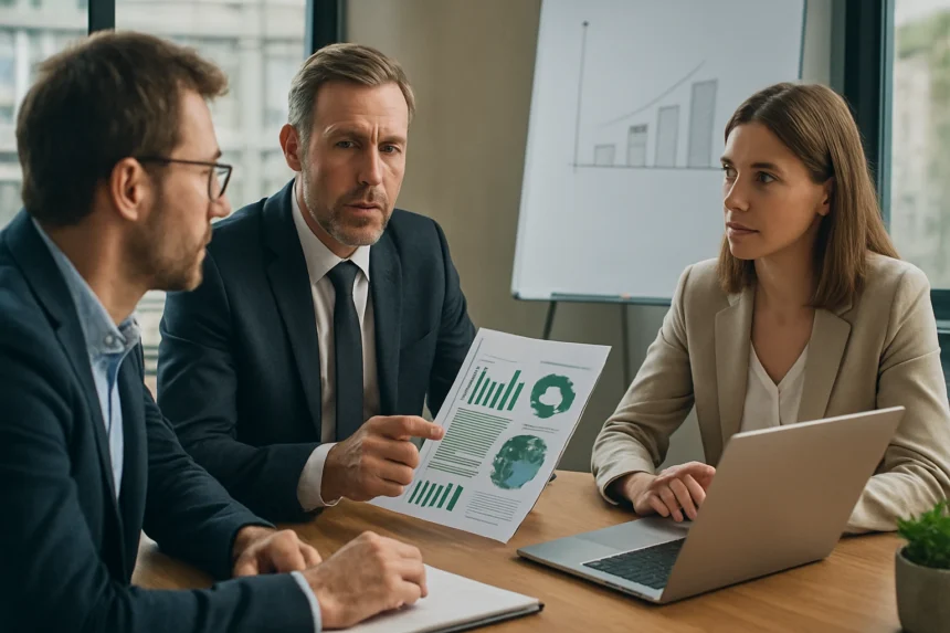 Üzleti stratégia és fenntarthatósági kockázatkezelés megbeszélése.