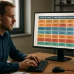 A kiberbiztonság szakértője az MITRE ATT&CK keretrendszert elemzi a számítógépén.