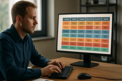 A kiberbiztonság szakértője az MITRE ATT&CK keretrendszert elemzi a számítógépén.