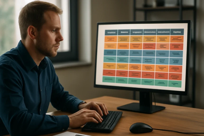 A kiberbiztonság szakértője az MITRE ATT&CK keretrendszert elemzi a számítógépén.