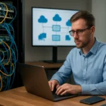 Férfi programozó dolgozik virtuális hálózati funkciókon egy irodában.