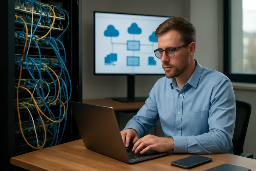 Férfi programozó dolgozik virtuális hálózati funkciókon egy irodában.