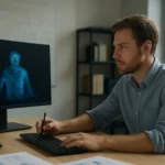 Férfi 3D grafikát készít a számítógépen Gaussian Splatting technológiával.