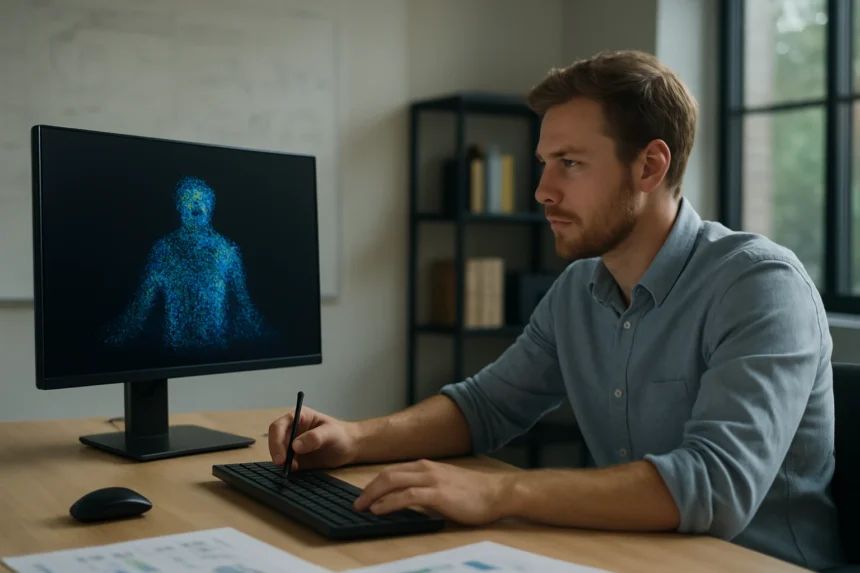 Férfi 3D grafikát készít a számítógépen Gaussian Splatting technológiával.