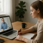 Nő online tanulás közben virtuális tanteremben