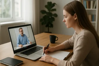 Nő online tanulás közben virtuális tanteremben