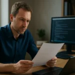 Férfi papírokat olvas a számítógépe előtt, a Windows PowerShell dokumentumáról.