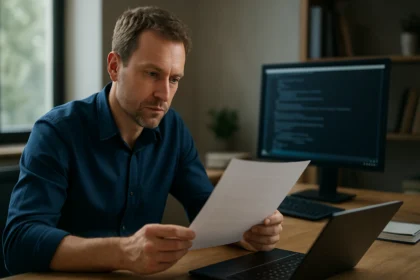 Férfi papírokat olvas a számítógépe előtt, a Windows PowerShell dokumentumáról.