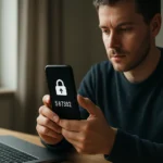 Férfi, aki szoftveres tokent használ mobiltelefonján online biztonság érdekében.