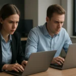 Két ember koncentráltan dolgozik számítógépeken erőforrás versengés közben.