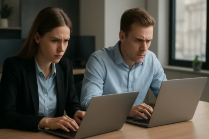 Két ember koncentráltan dolgozik számítógépeken erőforrás versengés közben.