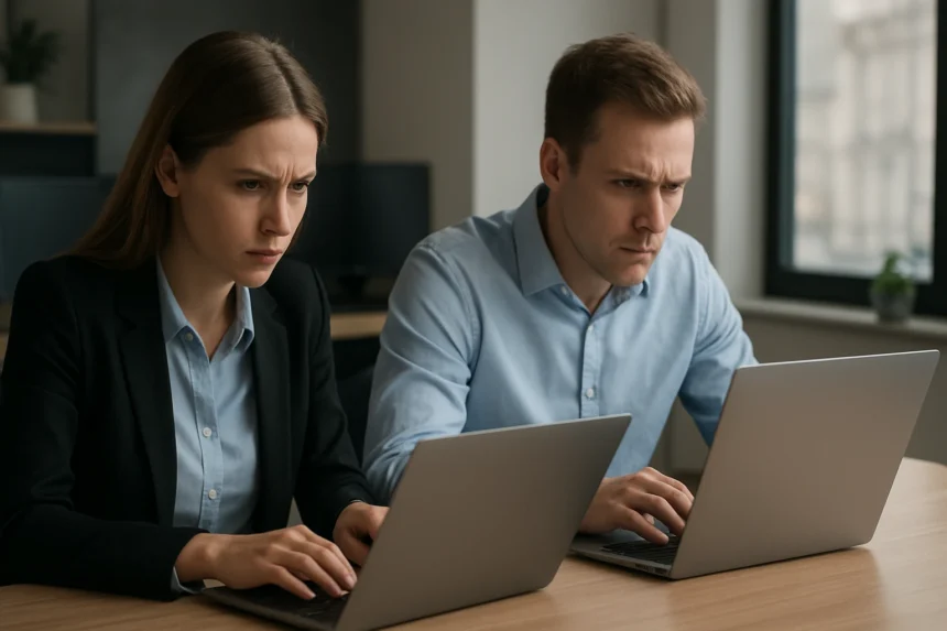 Két ember koncentráltan dolgozik számítógépeken erőforrás versengés közben.