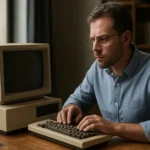 Férfi mikroszámítógép előtt ülve, írógépszerű billentyűzettel