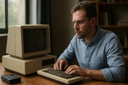 Férfi mikroszámítógép előtt ülve, írógépszerű billentyűzettel