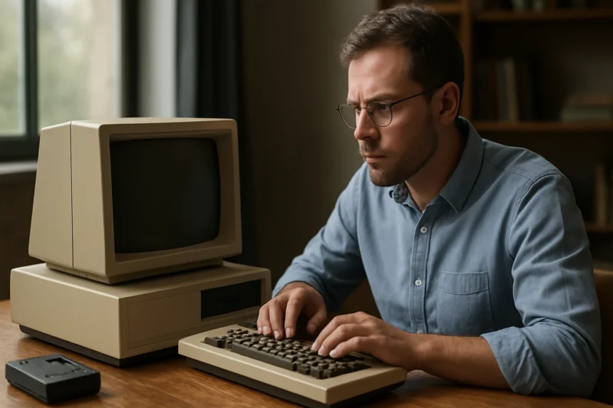 Férfi mikroszámítógép előtt ülve, írógépszerű billentyűzettel