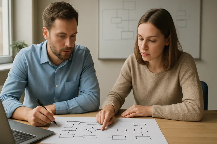 Két személy UML diagramot készít egy asztalnál, szoftvertervezéshez.