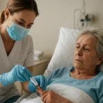 Orvos betegágy melletti tesztelése Point of Care Testing során.