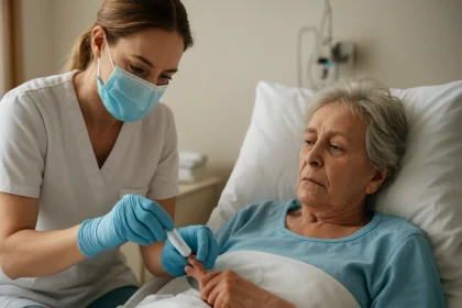 Orvos betegágy melletti tesztelése Point of Care Testing során.