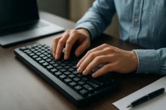 Kezek egy számítógép billentyűzetén, funkcióbillentyűk használata