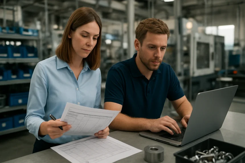 Két szakember BOM anyagjegyzék elemzésén dolgozik egy gyárban.