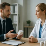 Kép egy gyógyszeripari találkozóról, ahol a szakmai beszélgetés zajlik.