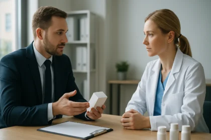 Kép egy gyógyszeripari találkozóról, ahol a szakmai beszélgetés zajlik.