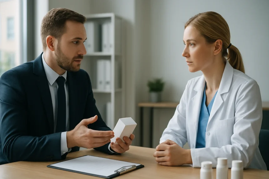 Kép egy gyógyszeripari találkozóról, ahol a szakmai beszélgetés zajlik.