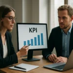 Üzleti megbeszélés KPI grafikonokkal a monitoron