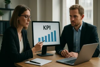 Üzleti megbeszélés KPI grafikonokkal a monitoron