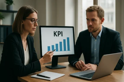 Üzleti megbeszélés KPI grafikonokkal a monitoron