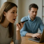 Nő beszédfelismerés technológiát használó telefonálás közben.