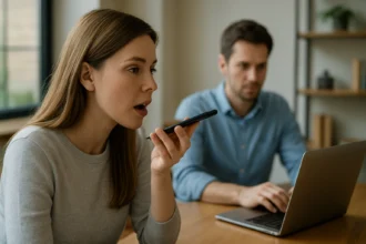 Nő beszédfelismerés technológiát használó telefonálás közben.