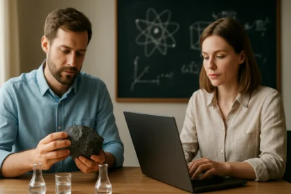 Tudósok anyagvizsgálat és informatikai elemzés során