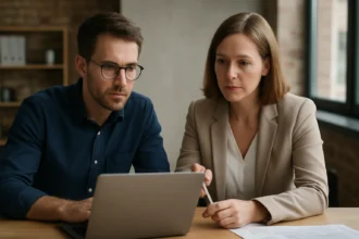 Két szakember laptop előtt KOffice programmal dolgozik.
