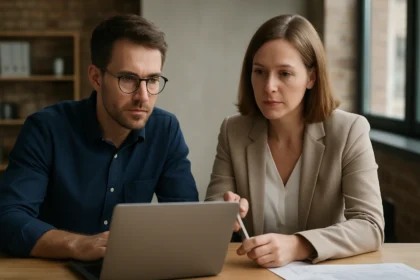 Két szakember laptop előtt KOffice programmal dolgozik.