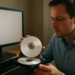 Férfi DVD-R lemez bízva, kész a számítógép előtt.