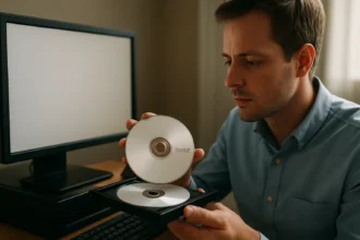 Férfi DVD-R lemez bízva, kész a számítógép előtt.